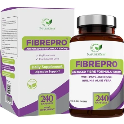 Image of Fibre Pro 1000mg Supplement Psyllium Husk Capsules Prebiotic with Husk, Inulin, Aloe Vera &amp; Flaxseed UK Made 4 Month Supply Packaging May Vary