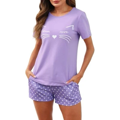 Image of Reliwel Women&#039;s Pyjama Sets Short Pyjamas for Women two Pieces Ladies Cotton Printed Top and Shorts Comfy Sleepwear Loungewear Striped With Pockets Summer S XXL Purple