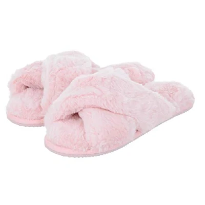 Image of Ladies Faux Fur Mule Slippers Crossover Style Upper Sliders Hard Sole Pink 4 UK