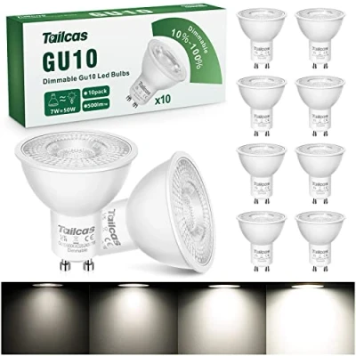 Image of Tailcas GU10 LED Bulbs Dimmable, Cool White 6000K Spotlight Daylight, 7W Light Bulb Equivalent 50W Halogen, 500LM Energy Saving Lamps, 38 Beam Angle 220 240V No Flickering, Pack of 10