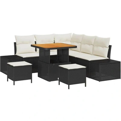 Image of vidaXL 8 Piece Garden Sofa Set with Cushions Black Poly Rattan Acacia