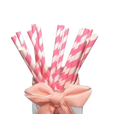 Image of Hot Pink Striped Straws, 100 Pack Maid and Whie Stripes Paper Drinking Straws for Cute Princess Party Meeting