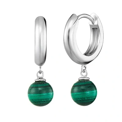 Image of Engelsrufer Women&#039;s Creole Earrings Made of Sterling Silver Powerstone Pendant Buckle Nickel Free, Ø13 mm, Silver, malachite