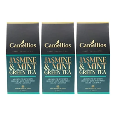 Image of Jasmine and Mint Green Tea, Pyramid Tea Bags, Camellios (45 3 Pack)
