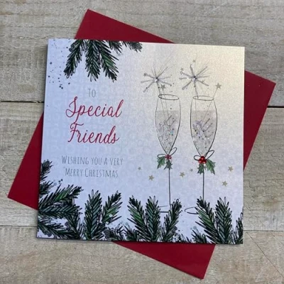 Image of WHITE COTTON CARDS SPECIAL FRIENDS FLUTES &amp; SPARKLERS CHRISTMAS CARD, HAND FINISHED (C23 1 FRIENDS)