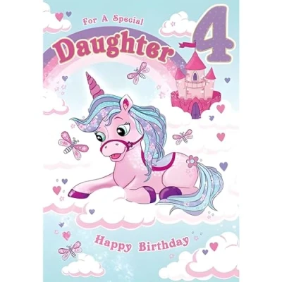 Image of Daughter 4th Birthday Card Age 4 Unicorn and Rainbow Design Special Finishes Made in the UK