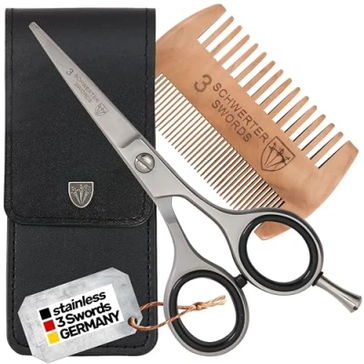 Image of 3 Swords Germany Professional Beard Hair Scissors, Stainless Steel, Straight Blade, Sharp, with Wooden Comb case