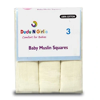 Image of DUDU N GIRLIE Extra Large Muslin 70x70 Baby Squares 100% Cotton Cloths for Soft Wash Cloths, Swaddle Blanket Essentials Newborn (Cream, Pack of 3)