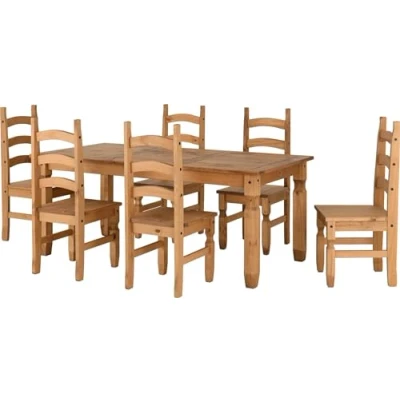 Image of Seconique Corona 6&#039; Dining Set with 6 Chairs in Distressed Waxed Pine