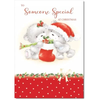 Image of doodlecards Someone Special Christmas Card Cute Bears with Stocking Medium Size for Plain Envelope