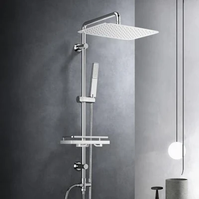 Image of Görbach Stainless Steel Shower Column Without Mixer Adjustable Wall Holes Hydromassage Rod Set Rain with Shower, Shelf and Head, 35 x 25 cm