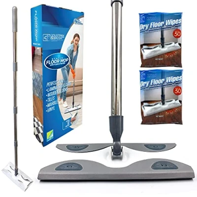 Image of Laminate Floor Mop with Pack of 100 Dry Wipes Mops Disposable That Attract Dust from Laminated, Tiled, Wooden, and Vinyl Floorings, Easy Clean Flat Set Static Sweeper Kit