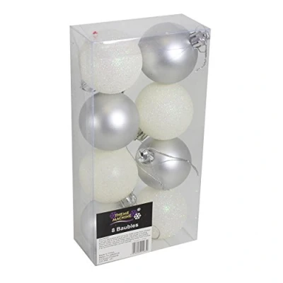 Image of Christmas Decoration 8 Pack 50mm Glitter / Plain Baubles Silver &amp; White