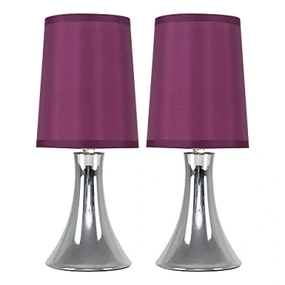 Image of MiniSun Pair of Small Modern Chrome Trumpet Touch Table Lamps Bedside Lights with Purple Fabric Shades