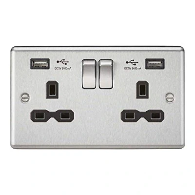 Image of KnightsBridge 13A 2G Curved Edge switched socket with dual USB charger A + (2.4A) Brushed chrome, black insert