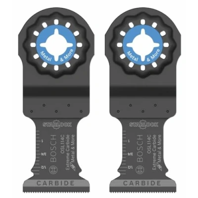 Image of Bosch Starlock Carbide Oscillating Tool Blades, Multi Blades for Cutting Iron Bar, Metal, Wood with Nails, Drywall and Tile; 2 Pack, 1 1/4“ Width (OSL114C 2)