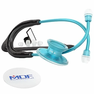 Image of MDF Acoustica Lightweight Stethoscope for Doctors, Nurses, Students, Home Health Use, Adult, Dual Head, Black Tube, Aqua Chestpiece Headset, MDF747XPAQ11