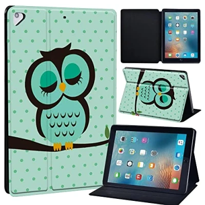 Image of Initial Letter Leather slim lightweight Stand Cover Case for Apple New iPad 9.7 2018 2017(6th Gen, 5th Gen)/iPad Air 2/iPad Air/iPad Pro Tablet with Auto Wake/Sleep (sleeping owl)