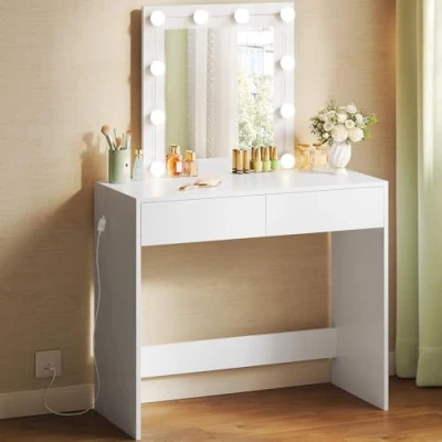 Image of WOLTU Dressing Table with LED Lights &amp; Mirror, Adjustable Brightness, Vanity Desk 2 Drawers, 80x39.5x132.5cm, Modern Makeup for Bedroom, White, MB6101ws