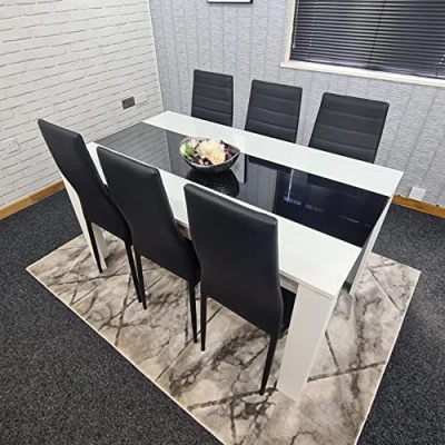 Image of KOSY KOALA white and black wood dining Table with 6 metal Faux Leather chairs high gloss set (Table chairs)