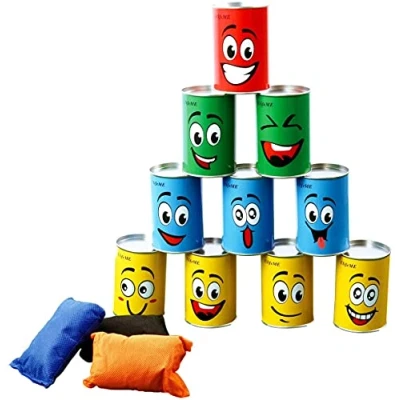 Image of Ulifeme Tin Can Alley Game, Outdoor Garden Target Shooting Fairground Games for Kids &amp; Children, Party Toys Gift Boys Girls 10pcs Fun Smile Knock Down Cans and 3pcs Beanbags Packed