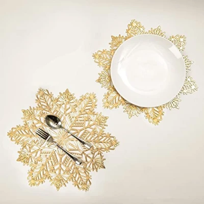 Image of Snowflake Placemats Set of 12 Gold Laminated Metallic Vinyl Round 15 inch Diameter Festival Table Decorations for Holiday Party Feast by Snowkingdom