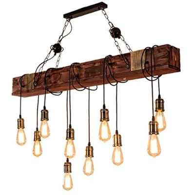 Image of Retro Wood Pendant Lamp Industrial Loft Bar Hanging Light Creative Personality Living Room Kitchen Bedroom Metal for E27 Chandelier Vintage Antique Glass Lamp,10heads