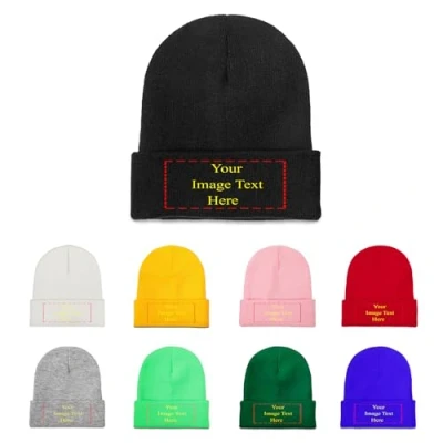 Image of Personalised Beanies Hat with Your Photo Text Name Logo，Personalised Knit Cap Skull Chemo Baggy Custom Winter Warm for Men Women