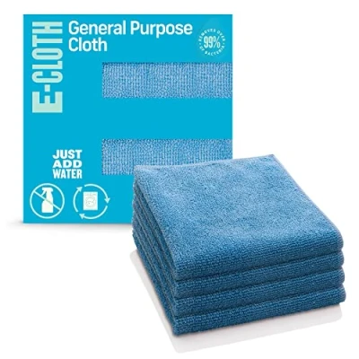 Image of E Cloth General Purpose Microfibre Cloth, Multipurpose Cleaning for Household Surfaces, Washable and Reusable, 100 Wash Promise, Blue, 4 Pack
