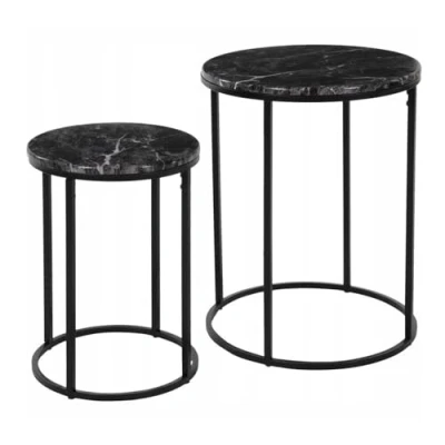 Image of Carousel Home Set Of 2 Black Metal Side Tables With Marble Effect Tops Piece Round End Nesting Occasional Pedestal Table Nest