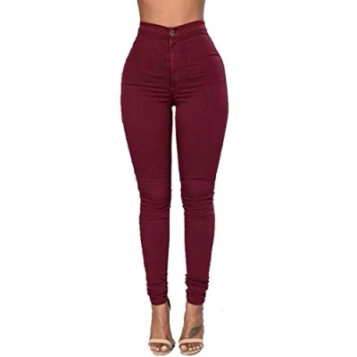Image of Naliha Women Denim Pants High Waisted Skinny Summer Plus Size Jeans Jeggings Burgundy S