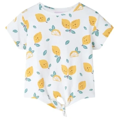 Image of vidaXL Kids&#039; T Shirt 116 Ecru Cotton Toddler Tee with Lemon Print &amp; Tie Hem for Ages 5 6, Short Sleeves, Round Neck, Machine Washable