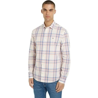 Image of Tommy Jeans Men&#039;s Tjm Reg Poplin Check Shirt Dm0dm18968 Casual Shirts, Ancient White Check, M