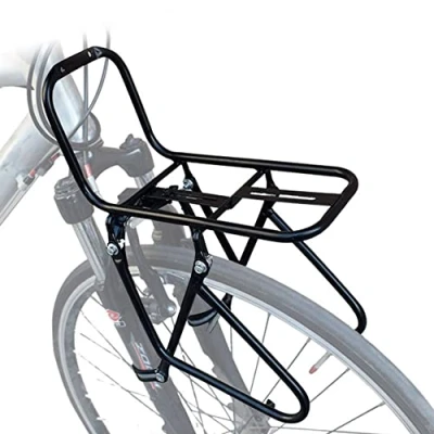 Image of Bike Front Pannier Rack, Bicycle Hang On 15KG Load Cycle Brake Frame Luggage Shelf, Easily mounts Bags/Tent/Sleeping Bag/Baskets to Handlebars in Seconds black