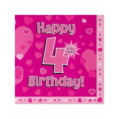 Image of Oaktree Happy 4th Birthday Pink 33cm x 3 ply Napkins 16pcs