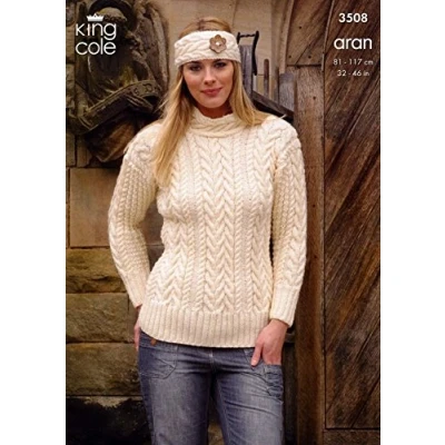 Image of King Cole Ladies Sweater, Cardigan &amp; Headband Fashion Knitting Pattern 3508 Aran