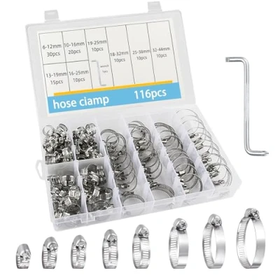 Image of 116 Pcs Hose Clips Set 8 44mm Adjustable Jubilee Assorted Stainless Steel Clamps, Worm Drive Pipes Clips, Tube Joining Clip with Screwdriver for Water Pipe, Automobile Gas Pipe
