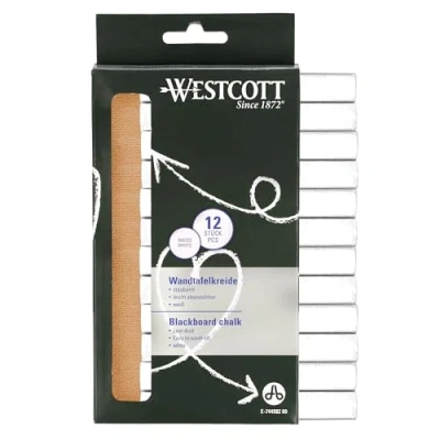 Image of Westcott chalk 12 pieces white pack of blackboard with 1.2cm ⌀ in opaque low dust &amp; easy to wipe off 8.5cm long sticks E 744982 00