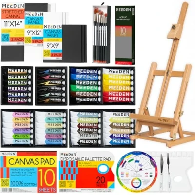 Image of MEEDEN Acrylic Painting Kit with Wood Tabletop Easel, 48x22ml Paints, 10 Brushes, Stretched Canvas, Art Supplies, Set for Adults, Beginner, Artists