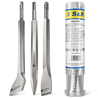 Image of S&amp;R SDS Plus Chisel Set 3 pcs: Flat (250 x 20mm) Tile (14 250mm) Pointed 250) mm for Universal use
