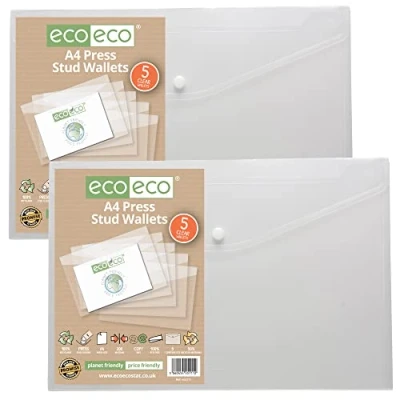 Image of eco A4 50% Recycled Clear Transparent Press Stud Popper Wallet, Plastic Folders 310x238mm (Pack of 10), 200mic, eco111x2