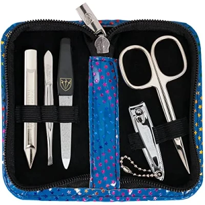 Image of 3 Swords Germany brand quality 5 piece manicure pedicure grooming kit set for professional finger &amp; toe nail care scissors clipper fashion leather case in gift box, Made by (6745)