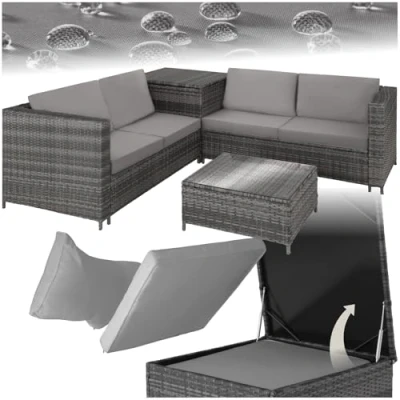 Image of TecTake® Rattan Garden furniture Set, 2 Sofas with Extra Thick Cushions, Table Glass Top and Storage Box, for Patio, Garden, Balcony, outdoor grey/light grey