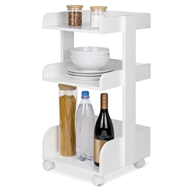 Image of bomoe Modern Rolling Cart with 4 Lockable Wheels &amp; 3 Shelves Bosse FSC® Wood Kitchen Serving Trolley Craft Side Table for Bathroom Office Living Room 32x35x69cm White