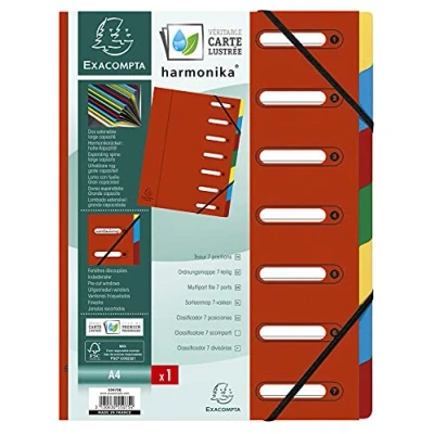 Image of Exacompta Ref 55075E Harmonika Multipart File 24.5 x 32cm in Size, Suitable for A4 Documents, 7 Multi Coloured Tabbed Sections, Premium Pressboard Cover Red