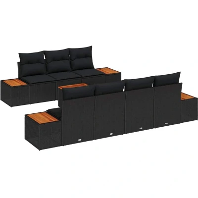Image of vidaXL 8 Piece Garden Sofa Set with Cushions Black Poly Rattan Acacia
