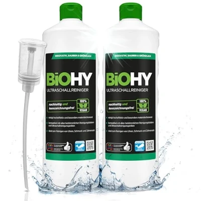 Image of BiOHY ultrasonic Cleaner (2 x 1l Bottle) + Dispenser Intensive and Gentle Cleaning of Dental Products, Gold, Coins Jewellery Concentrate for Bath (Ultraschallreiniger)