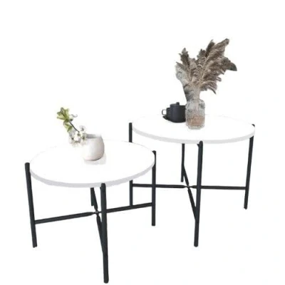 Image of URBNLIVING 2 Piece Round Wooden Nesting End Table Set with Metal Legs Ideal for Coffee and Side Tables, Modern Living Room Furniture, Space Saving Design (White)