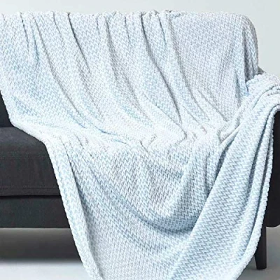 Image of HOMESCAPES Pastel Blue Velvet Throw 130 x 160 cm Soft ‘Mora’ Faux Fur Blanket Jacquard Chambray Weave Bed Sofa for Single Beds and Armchairs