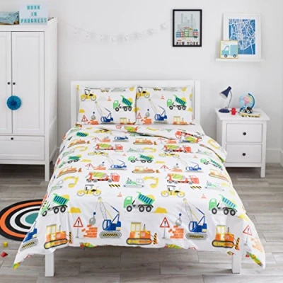 Image of Bloomsbury Mill Construction Vehicles Trucks, Diggers &amp; Cranes Kids Bedding Set Double Duvet Cover and 2 Pillowcases